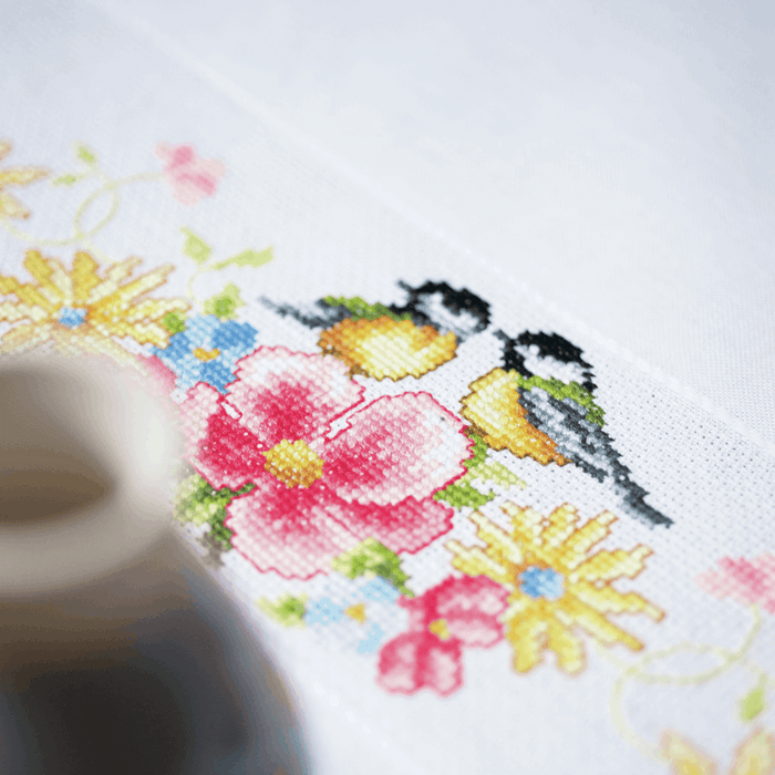 Counted Cross Stitch Kit: Tablecloth: Tits & Spring Flowers